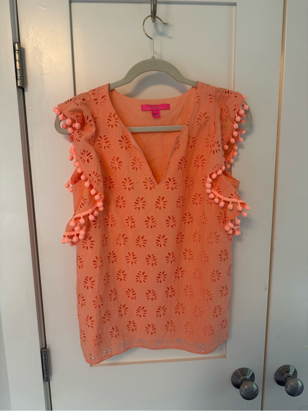 Lilly Pulitzer Coral Eyelet Pom-Pom V-Neck Blouse